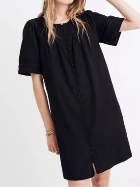 Madewell Black Pleated Button-Front Shift Dress Size XS Cottagecore Boho Retro